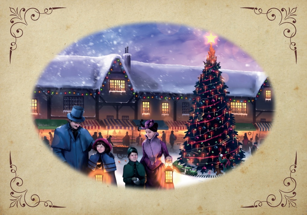 The picture shows an a snowy Victorian Christmas market scene, with a Victorian family, holding lanterns, beside a decorated Christmas tree with a train around the bottom
